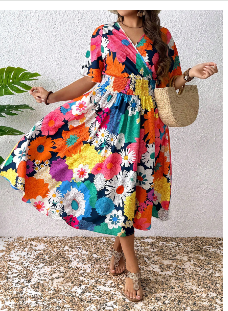 Plus Size Women Summer V-Neck Floral Print Waisted Dress