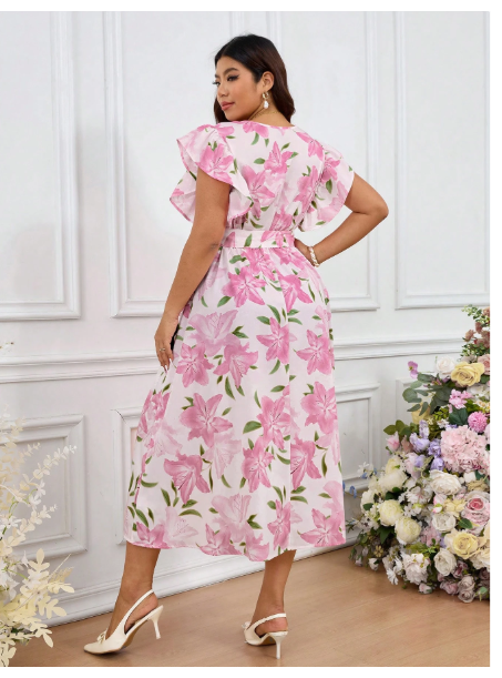 Plus Size Women Elegant Floral All-Over Print Ruffle Hem Dress For Summer Carousel 3