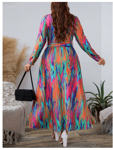 Plus Size Women's Tie-Dye Long Sleeve Elegant Wrap Around Dress Carousel 1