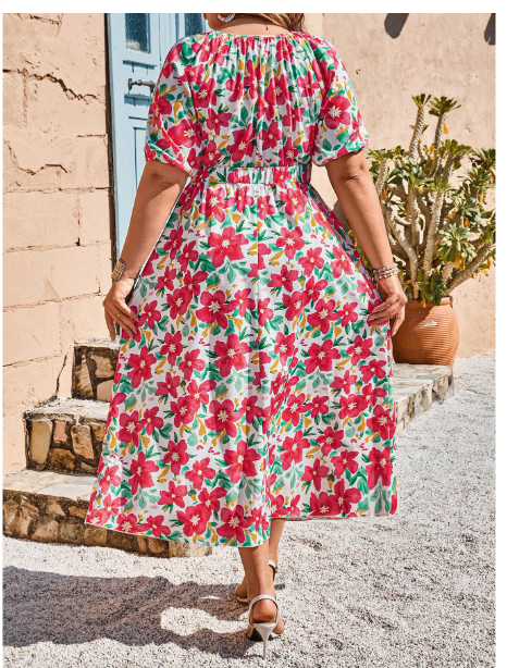Plus Size Women Floral Print V-Neck Short Sleeve Midi Dress Carousel 1