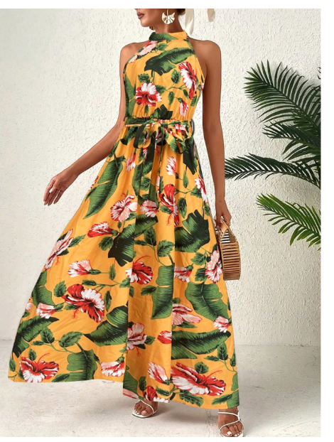 Women's Holiday Tropical Plant Print Halter Long Dress