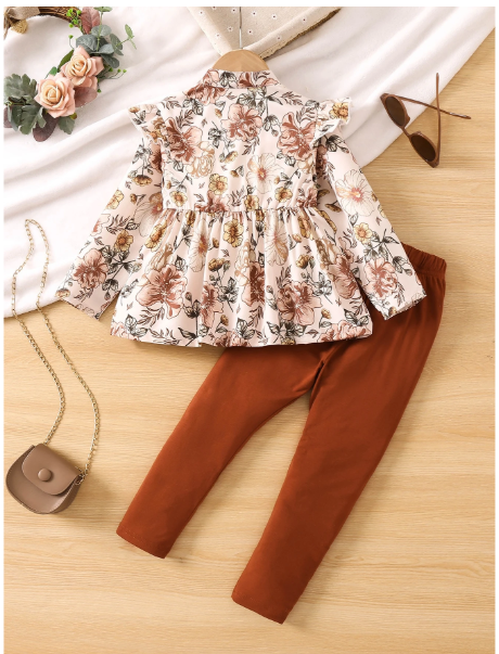 Young Girl Floral Print Ruffle Trim Peplum Blouse & Leggings Carousel 1