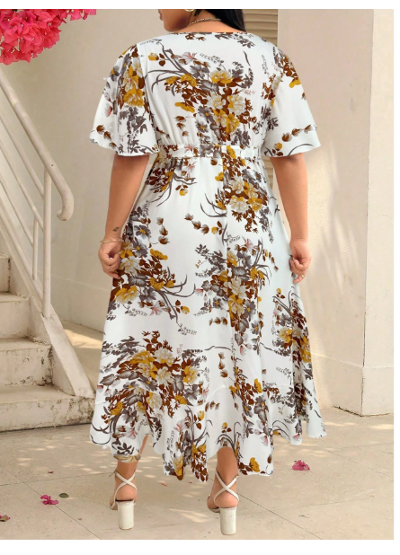 Clasi Plus Floral Print Butterfly Sleeve Belted Dress Maxi Women Outfit Carousel 1