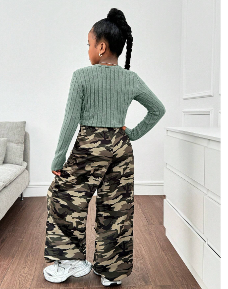  Girl Tween Girl Casual Asymmetrical Hem Long Sleeve Ribbed Tight T-Shirt & Camouflage Print Loose Cargo Pants 2 Pieces Set Carousel 1
