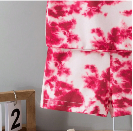 Young Girl Summer Casual Tie-Dye Letter Printed Short Sleeve T-Shirt And Shorts Set