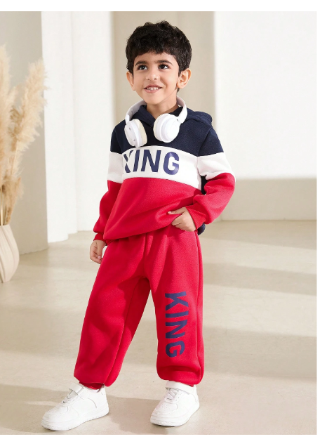 2pcs/Set Boys Casual Colorblock Letter Print Hoodie And Sweatpants Set For Autumn Carousel 2