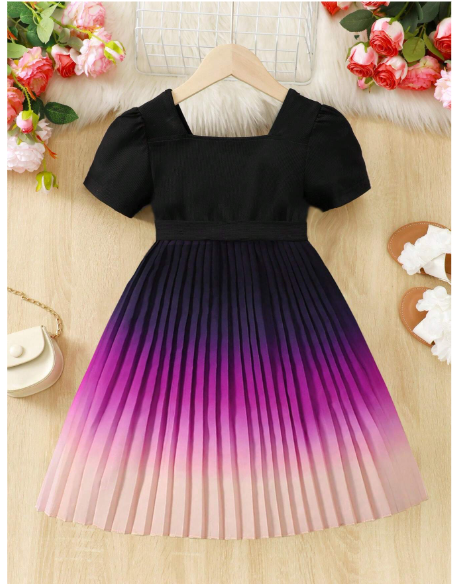 Young Girl Ombre Color Pleated Hemline Belted Dress Carousel 2