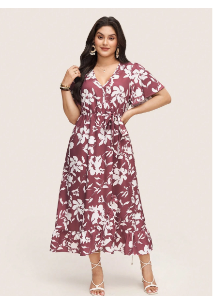Plus Size Women Floral Print Ruffle Sleeve Carousel 3