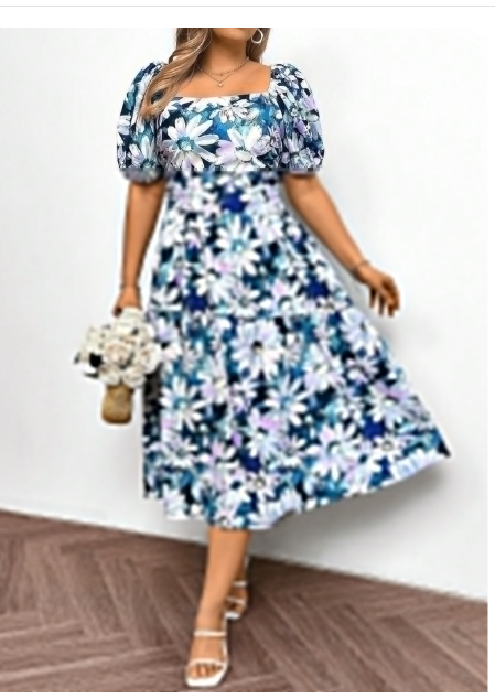 Plus Size Women Fashion All-Over Floral Print Square Neck Ruched Short Sleeve Dress Carousel 2