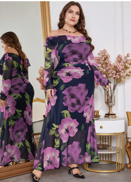Plus Size Women's Off Shoulder Floral Print Patchwork Ruffle Hem Dress