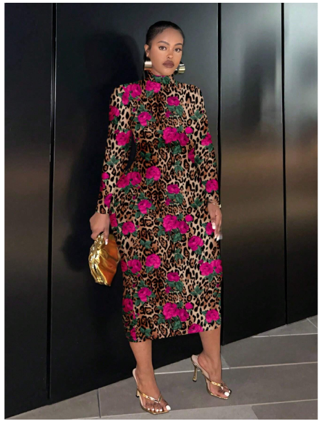 Plus Size Long Sleeve Round Neck Fitted Long Floral Leopard Print Dress Carousel 4