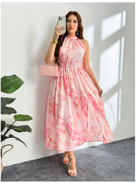Plus Size Elegant Casual Beach Vacation Pink All-Over Print Halter Gathered Waist High Slit Dress Carousel 3