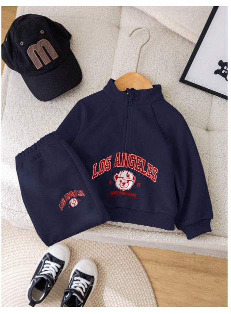 2pcs Baby Boy/Girl Cute Letter Print Mock Collar Sweatshirt And Elastic Waist Pants Set Carousel 7
