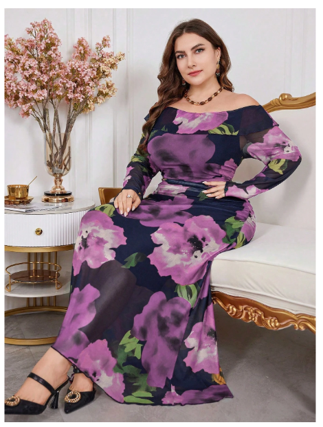 Plus Size Women's Off Shoulder Floral Print Patchwork Ruffle Hem Dress Carousel 5