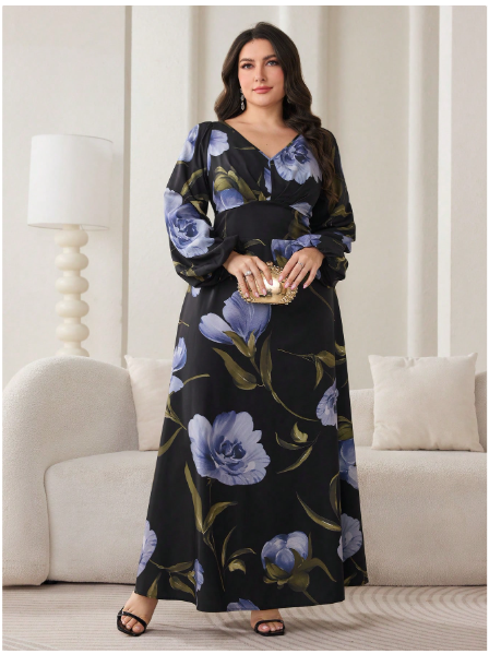 Plus Size Women Holiday Floral Print V-Neck Lantern Sleeve Dress Carousel 4