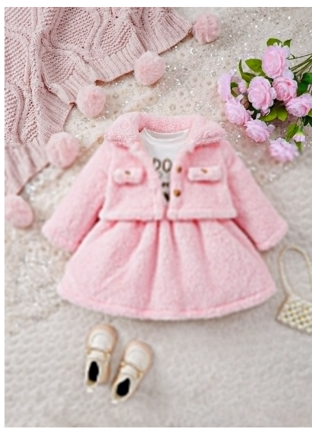 Baby Girl And Child (Girls) Suit Lapel Furry Coat + Letter Printed Long-Sleeved Dress Two-Piece Set Carousel 2