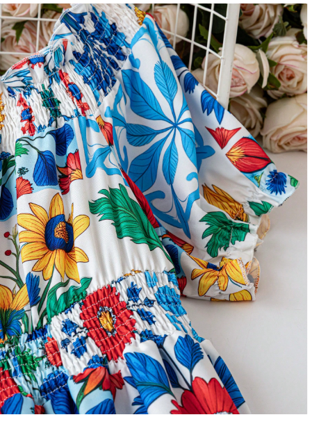 Plus Size Women Off-Shoulder Tied Waist Printed Short Puff Sleeve Bohemian Style Carousel 2