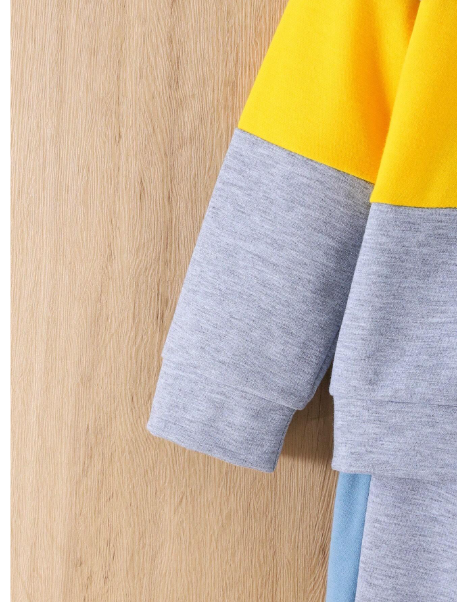 2pcs/Set Young Boy Casual Contrast Color Block Crew Neck Sweatshirt And Relaxed Pants Carousel 3