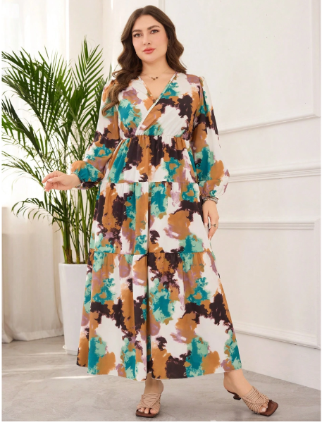 Plus Size Women V-Neck Digital Print Elegant Dress Carousel 4