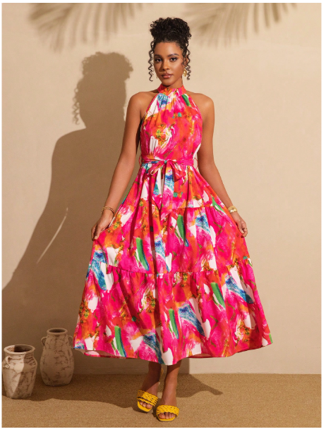 Women's Tie-Dye Floral Print Ruffle Hem Halter Neck Vacation Dress Carousel 4