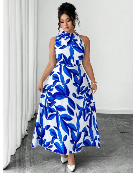 Plus Size Women's Sleeveless V-Neck Solid Leaf Print Ruffle Hem Waist Cinched Maxi Dress Carousel 2