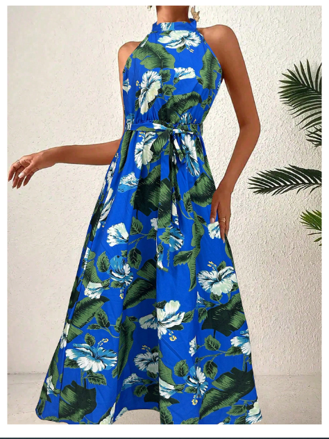 Women's Tropical Plant Print Knotted Waist Halter Mini Dress Carousel 3