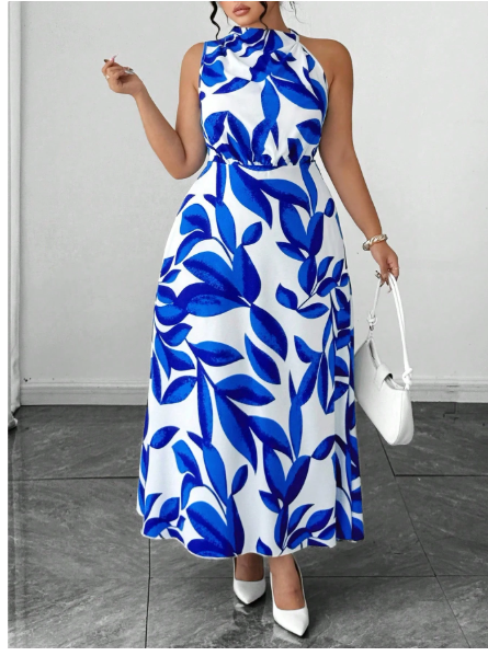 Plus Size Women's Sleeveless V-Neck Solid Leaf Print Ruffle Hem Waist Cinched Maxi Dress Carousel 4