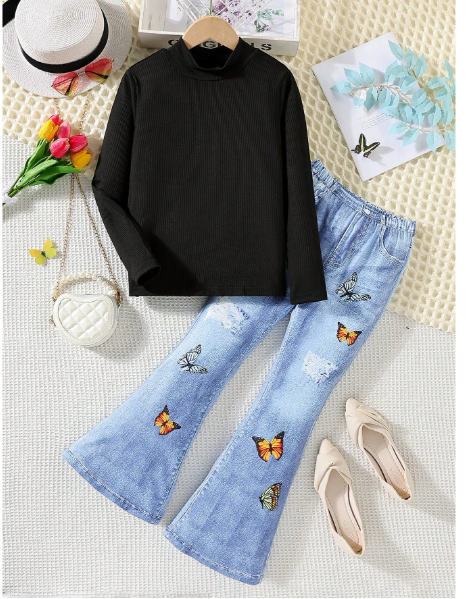 2pcs/Set Tween Girls' Casual Elegant Comfortable Simple High Collar Long Sleeve Knit Sweater
