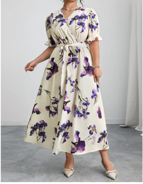 Plus Size V-Neck Puff Sleeve Waist Tie Romantic Floral Print A-Line Dress Carousel 1