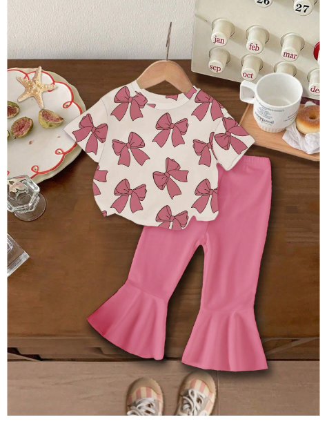 Baby Girl Summer Casual Bow & Print Short Sleeve Top And Flared Pants Set Carousel 5