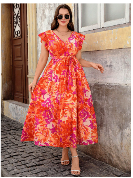 Plus Size Women Floral All-Over Print V-Neck Casual Holiday Ruffle Hem Midi Dress Carousel 4