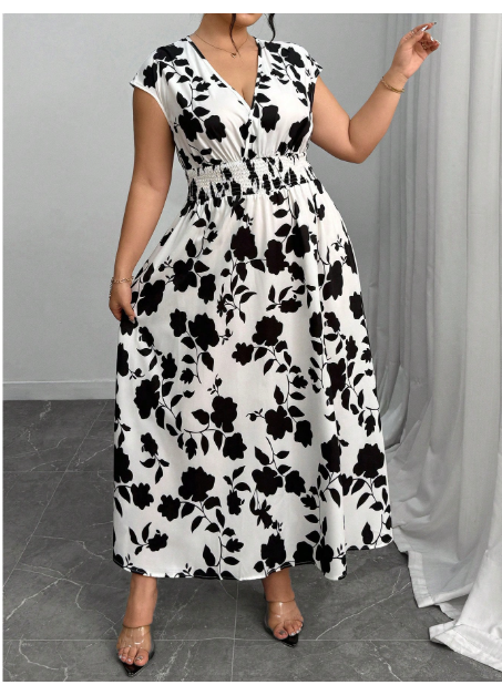 Women's Summer Shirred Floral Print Loose Elegant Dress Carousel 5