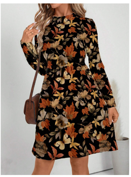 Casual Minimalist Leaf & Flower Graphic Loose Fit Round Neck Dress For Women Carousel 2