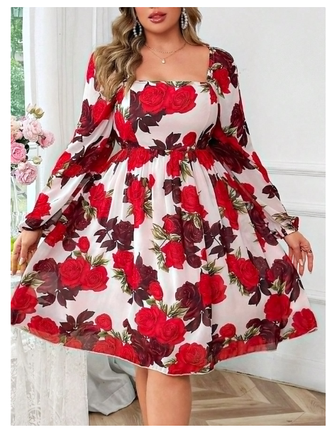 Plus Size V-Neck Red Rose Floral Print Elegant A-Line Midi Dress Carousel 2