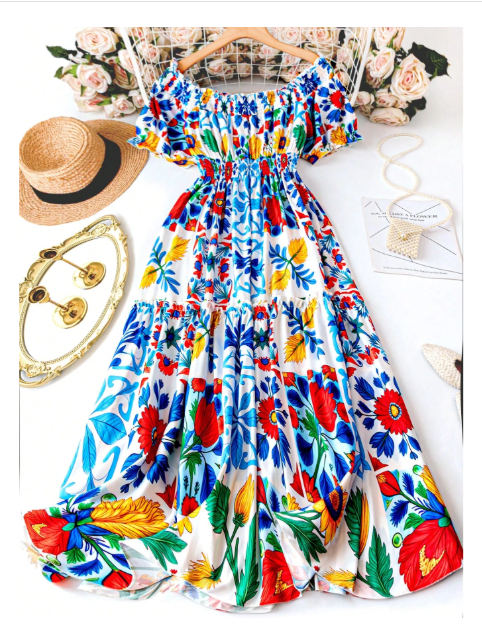 Plus Size Women Off-Shoulder Tied Waist Printed Short Puff Sleeve Bohemian Style