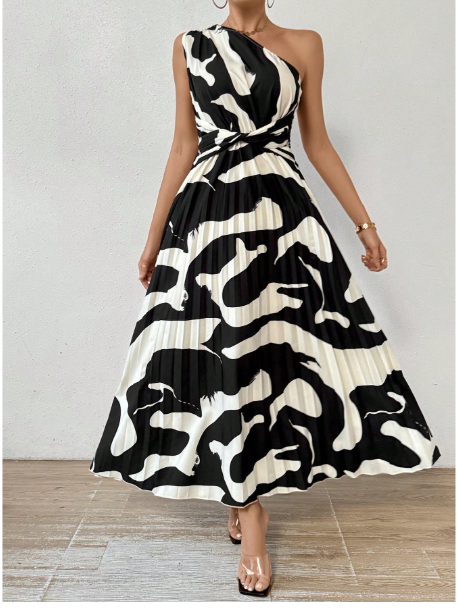 Women'S Pattern Printed One Shoulder Sleeveless Dress With Pleated Hem Carousel 4