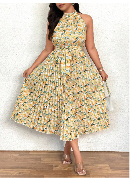 Plus Size Women Floral Print Halter Neck A-Line Pleated Hem Dress Carousel 2