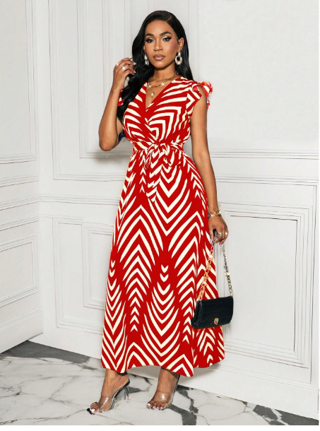 Women's V-Neck Waist Gathered Swing Dress Carousel 3