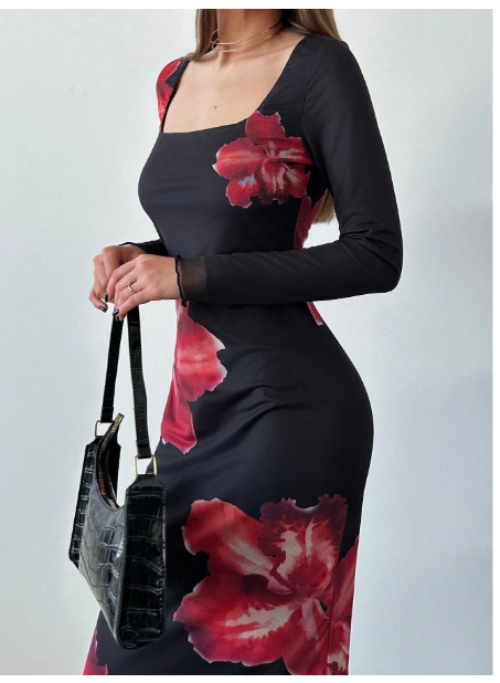 Floral Net Mesh Print Long Sleeve Square Neck Carousel 5