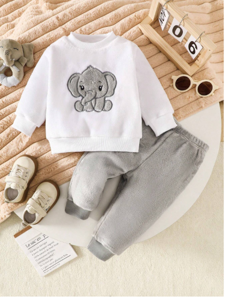 2pcs/Set Baby Boy Elephant Embroidery Fluffy Rib Knit Crew Neck Sweatshirt And Pants Set