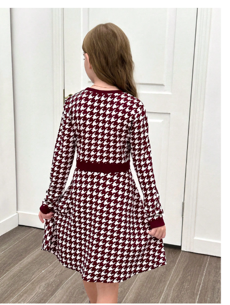Tween Girl Houndstooth Patchwork Button Decor Round Neck Fitted Elegant Long Sleeve Knit Dress Carousel 5