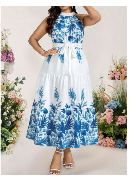  Plus Size Women Elegant Halter Backless Bohemian Floral Print Dress Carousel 2