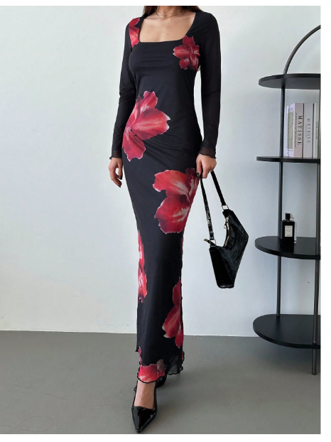 Floral Net Mesh Print Long Sleeve Square Neck Carousel 2