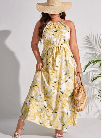 Plus Floral Print Belted Halter Dress