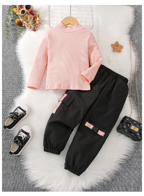 Toddler Girls Mock Neck Tee & Buckle Tape Cargo Pants