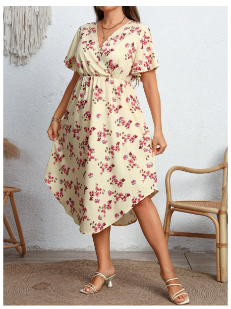 Plus Size Women V-Neck Waist Fit Floral Printed Flare Sleeve Carousel 4