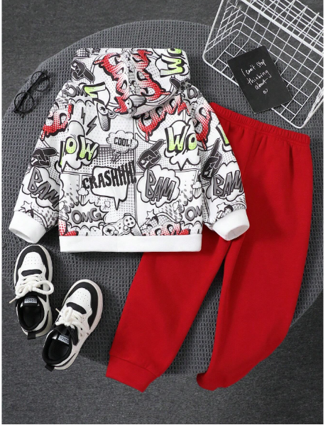 2pcs/Set Young Boys Young Girls Red White Fashionable Casual Casual Graffiti Letter Print Hooded Knit Sweatshirt
