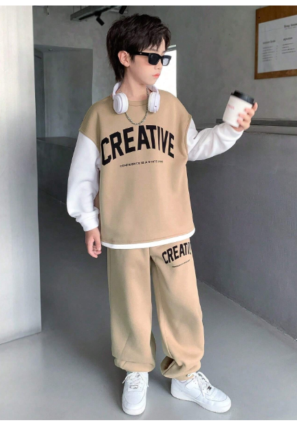 2pcs Baby Boy/Girl Casual Loose 2 In 1 Letter Graphic Sweatshirt & Pants Set