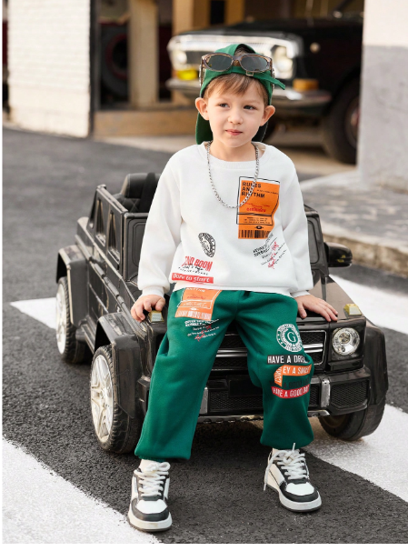 Young Boy Slogan Printed Crew Neck Long Sleeve Sweatshirt And Sweatpants Casual Suit