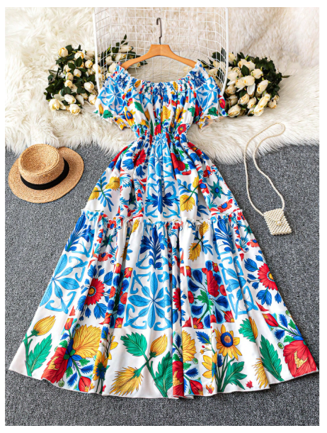 Plus Size Women Off-Shoulder Tied Waist Printed Short Puff Sleeve Bohemian Style Carousel 1